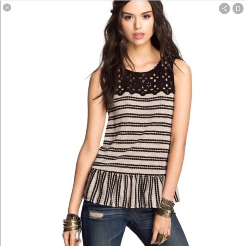 FREE PEOPLE‎ MOLLY RETRO STRIPED PEPLUM TOP IN TAN AND BLACK